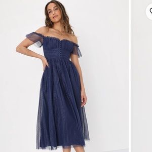 Lulu’s Navy Blue Tulle Bustier Midi Dress